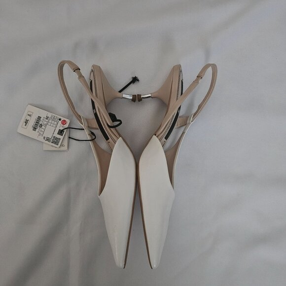 Zara Metal Trim White Pointed Toe Beige Slingback Kitten Heels Size 39/US-8 NWT - Picture 8 of 11